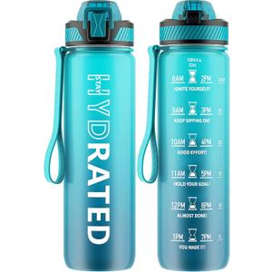 Water Bottle with Straw, 32oz Motivational Water Bottles with Time Marker to Drink, Tritan BPA Free, 1L Sports Water Bottle with Carry Strap LeakProof for Women Gym Fitness Outdoor (1 Pack) (Blue Sea)