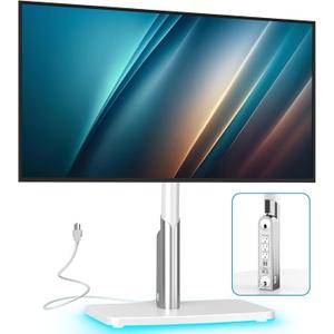 Universal TV Stand Tabletop TV Mount with Power Outlet for 50-90 Inch OLED LED Monitors, 9 Levels Height Adjustment, Ambient Lighting on The Bottom Holds up to 150lbs, White Max Vesa 600x400mm
