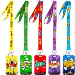 5 Sets Colored Hero ID Badge Holder with Lanyard Detachable Lanyard with Cute ID Card Holder Silky Strap Neck Clip Clasp Hard Name Case for School Kids Boys Students Teens
