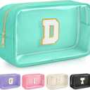 Initial Clear Makeup Bag, Birthday Gift Preppy Chenille Patch Cosmetic Bag, Initial Travel Essentials Beach Toiletry Pouch, Ideal Gift for Teachers & Moms, Women and Girls (Green, D) (Green)