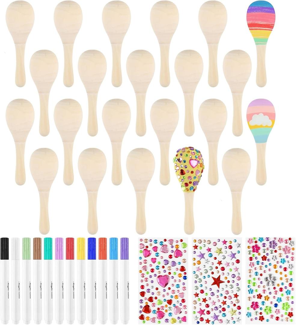 PLULON 20 Pcs Wooden Maracas for Kids, Mini Maracas with Multicolor Pens and Gem Stickers for Cinco De Mayo Unfinished Festival Painting Crafts Shakers Fiesta Mexican Birthday Party Favors Supplies