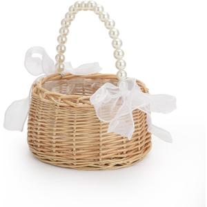 Elegant Wedding Flower Girl Basket with Pearl Handle and Ribbon Bow, Bowknot Satin Flower Basket for wedding, Rustic Handwoven Wicker Flower Basket, Versatile Picnic Baske t for Outdoor (2PCS)