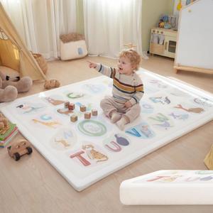 1.3" Thick Educational Baby Floor Play Mat 59x79, Basic Padded Memory Foam Kids Mat, Non-Slip Plush Playmat for Nursery Playroom Classroom (ABC Animal)