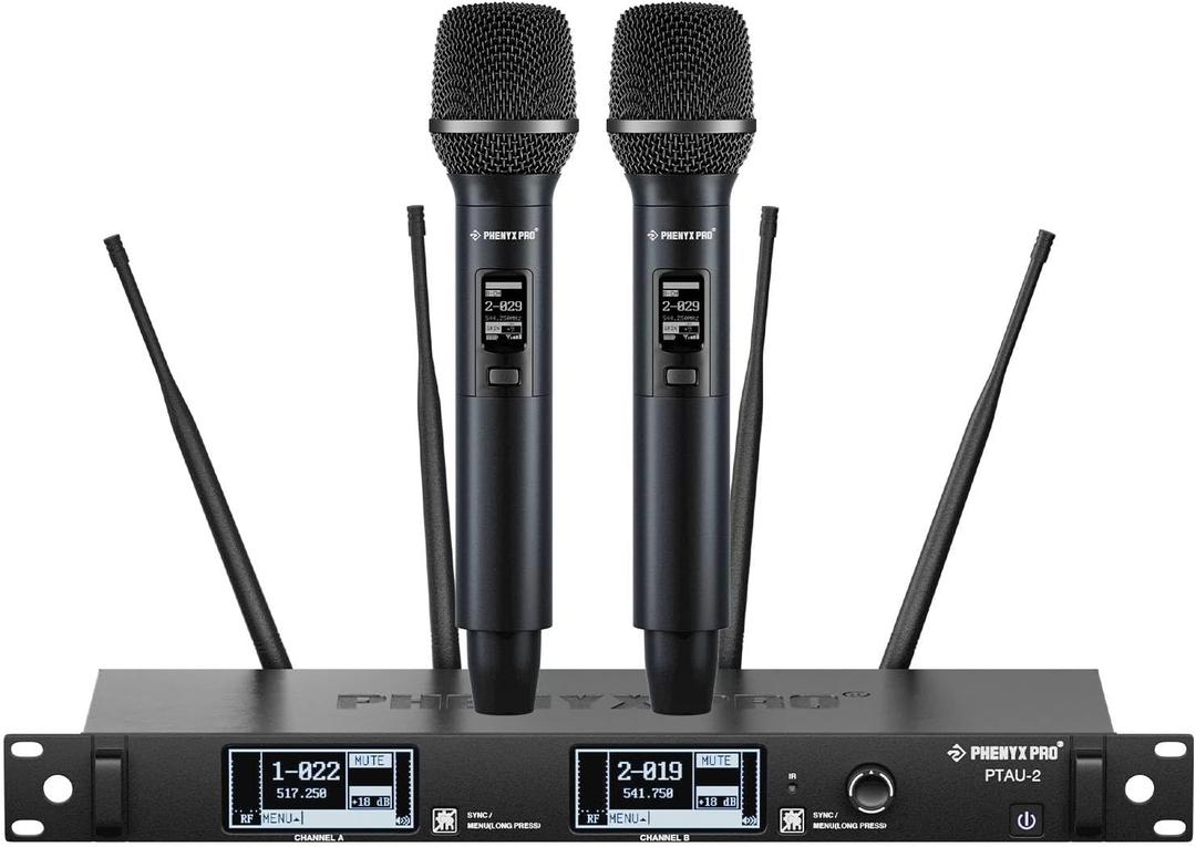 Phenyx Pro Dual-Channel Wireless Microphone System, Dynamic Mics w/ID Lock, Tunable Power Level, Auto Scan, Spectrum Analyzer, True Diversity Cordless Handheld for Singing, DJ, Karaoke (PTAU-2)