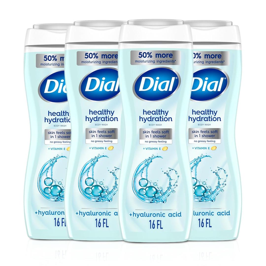 Dial Body Wash, Healthy Hydration, 16 fl oz (Pack of 4), Gentle, Leaves Skin Feeling Soft In 1 Shower, Dermatologist-Tested, No Parabens & Silicones