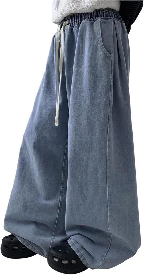 SHENHE Women's Baggy Casual Wide Leg Jeans Drawstring Elastic High Waist Trendy Jeans (S)