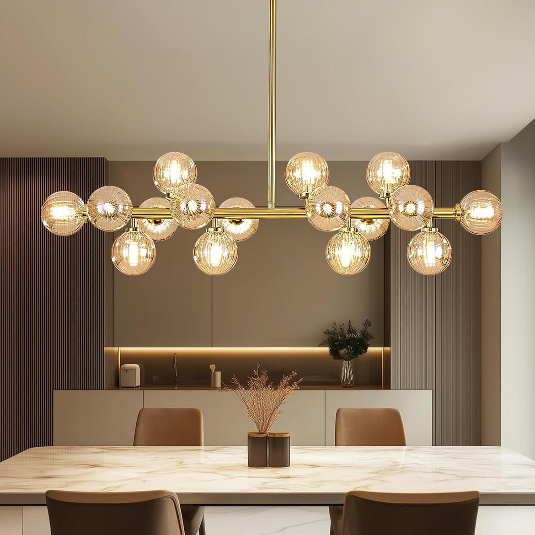 Glass Globe Sputnik Chandelier, 16-Light Mid Century Modern Light Fixture Over Table, Linear Chandeliers for Dining Room, Kitchen Island, Brass Gold and Amber Bubble, 40 Inch, GC-02