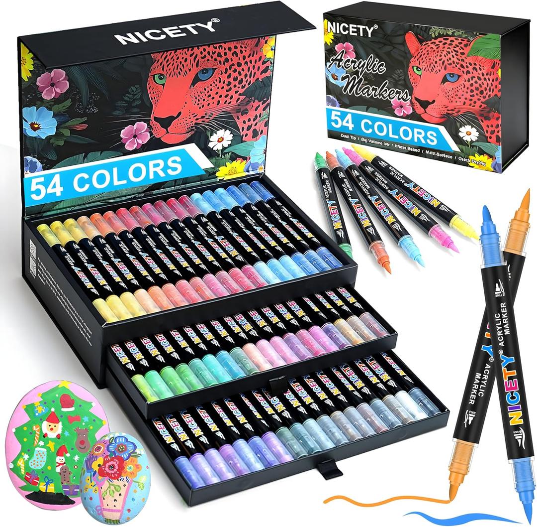 NICETY 54 Colors Acrylic Paint Markers  Dual Tip Acrylic Paint Pens with 15mm Brush Tip & 1mm Fine Tip  Water-Based Non-Bleed Paint Markers for Rock, Wood, Glass, Metal, Fabric, Ceramic, Canvas