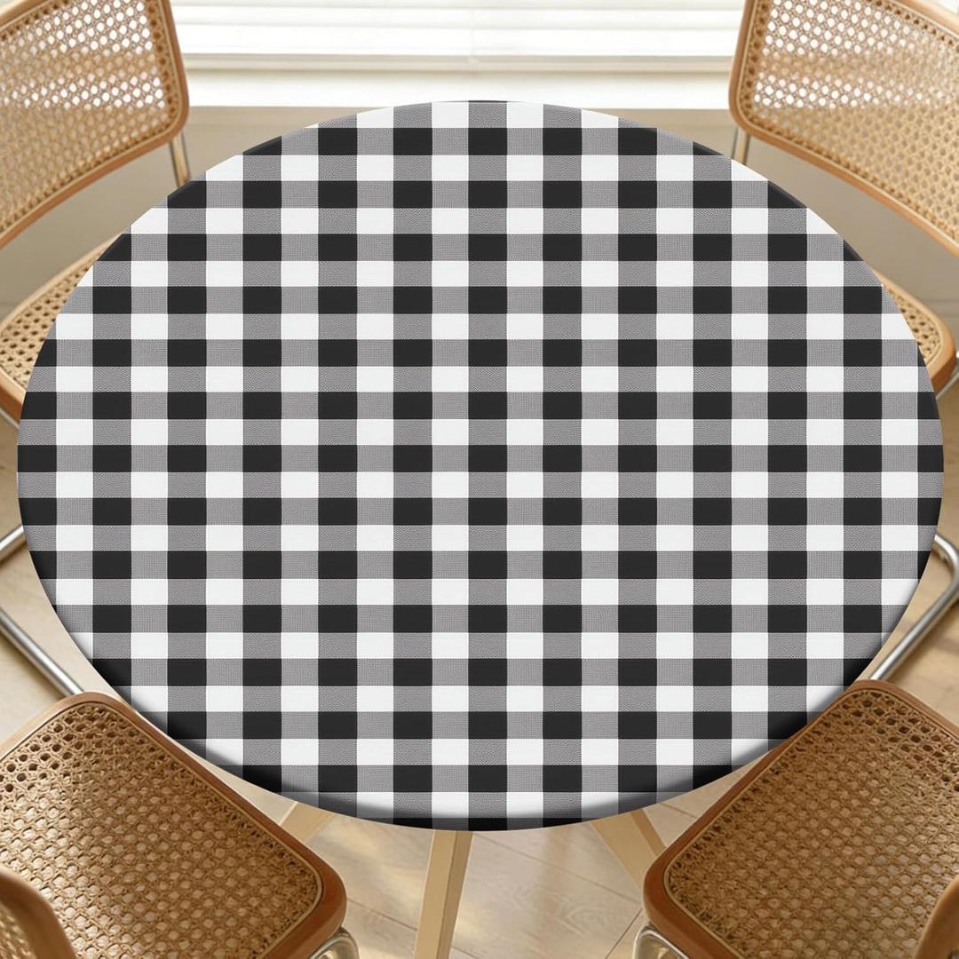Round Fitted Table Cover with Elastic Edge Design Table Cloth Waterproof Stain-Resistant Wipeable Outdoor Tablecloths Fits 46"-50" Round Tables for Camping, Picnic, Dining, Indoor (Black Checkered Pattern)