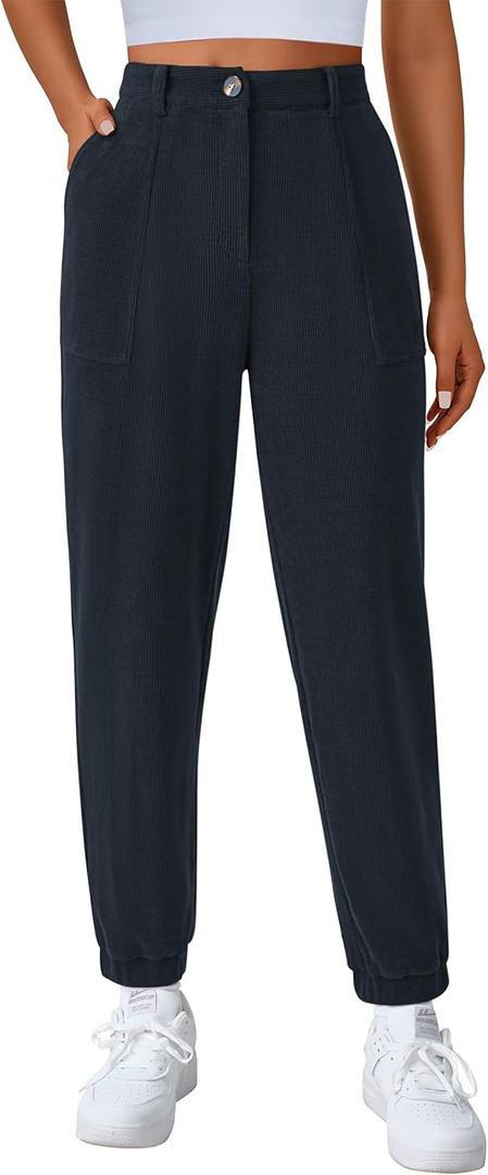 PRETTYGARDEN Women's Pants Dressy Casual 2025 Fall Elastic High Waisted Work Office Corduroy Trouser Slacks with Pockets (Black, L)