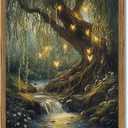 Vintage Forest Fairy Wall Art Whimsical Cottagecore Tree Fairy Wall Decor Painting Magical Landscape 3D Texture Hand Drawn Sandstone Artwork for Bedroom Living Room 16x24 inch Wood Framed