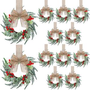 Hotop 12 Set Mini Wreaths for Kitchen Cabinet 12 Inch Small Christmas Wreath with Burlap Ribbon Red Berry and Eucalyptus Leaves for Xmas Window Front Door Fireplace Chair Farmhouse Hanging Decor