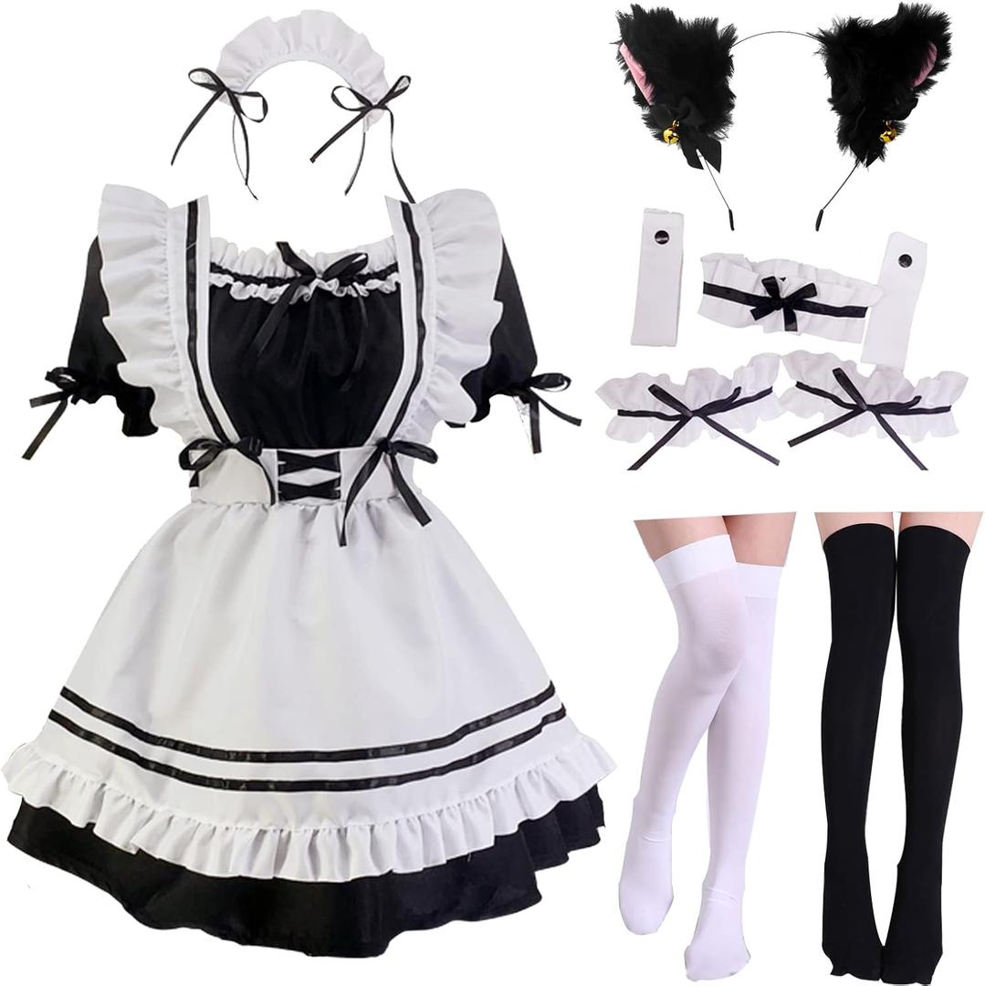 Japanese Anime Cosplay Maid Outfit Dress Japanese Maid Outfit Set Cute Halloween Makeup Cosplay Costume (Asia 3XL(US-XL), Black)