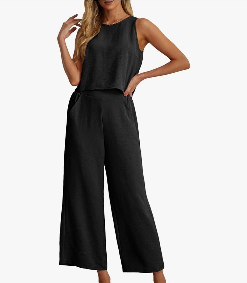 IWOLLENCE Women's Summer 2 Piece Outfits Set Round neck Sleeveless Tank Crop Top Wide Leg pants Set Pockets Jumpsuits,L