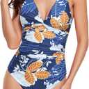 Smismivo Women's Tummy Control Swimsuit One Piece Slimming Ruched Push Up Bathing Suit Vintage Padded Retro V Neck Swimwear, M