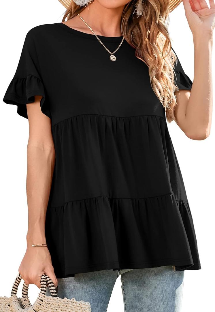 Neineiwu Women's Casual Ruffle Short Sleeve Crewneck Loose Tops Blouses Tunics (Black, M)