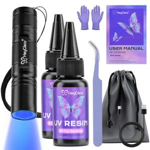 HeyClear 60g UV Resin Kit with Light -Fast Curing, Bonding in Seconds UV Glue Adhesive with Flashlight for Plastic&Glass Repair, DIY Craft Decor30g+30g