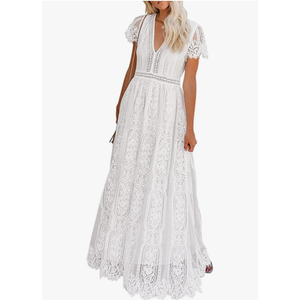 MEROKEETY Women's V Neck Short Sleeve Floral Lace Wedding Dress Bridesmaid Cocktail Party Maxi Dress XXL