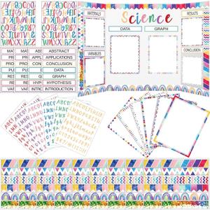 96 Pcs Science Fair Board Supplies 60 Trim Scalloped Poster Boards 24 Presentation Border Stickers 4 Self Adhesive Project Titles 8 Letter Sticker for Classroom Display(Oh Happy Day Style)