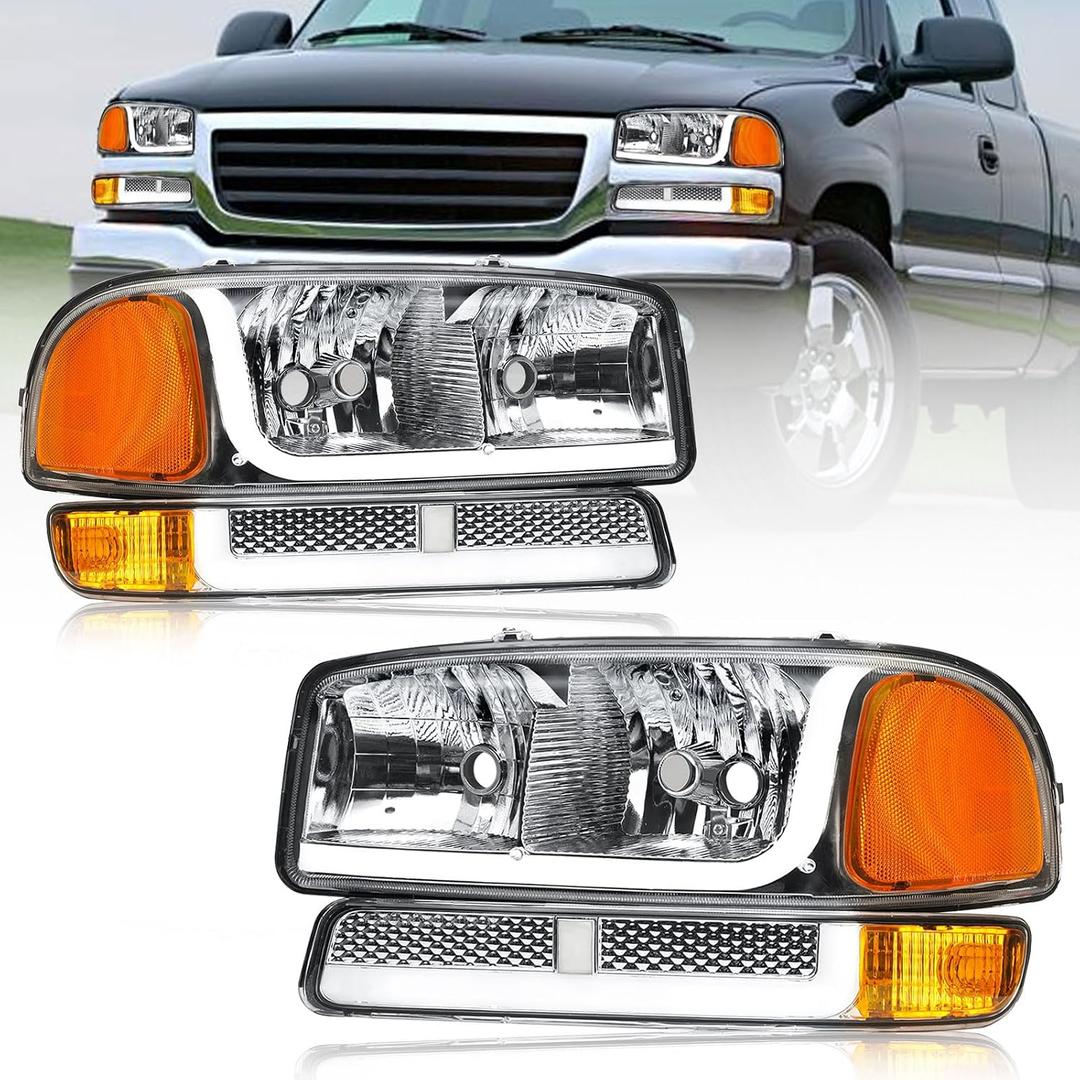 LED DRL Headlights Assembly fit 1999-2007 GMC Sierra/2000-2006 Yukon XL 1500 2500 No Denali Models Chrome Housing Amber Reflector LH RH Replacements