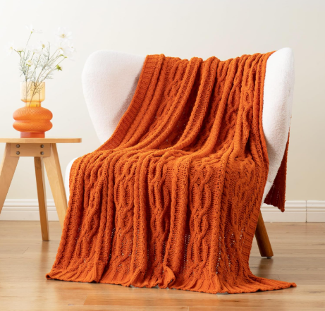 Admitrack Chunky Knit Blanket Throw, 100% Hand Knit Chenille Throw Blanket for Sofa & Home Decor, Soft and Cozy Knitted Throw Blankets (Orange, 51"x63")