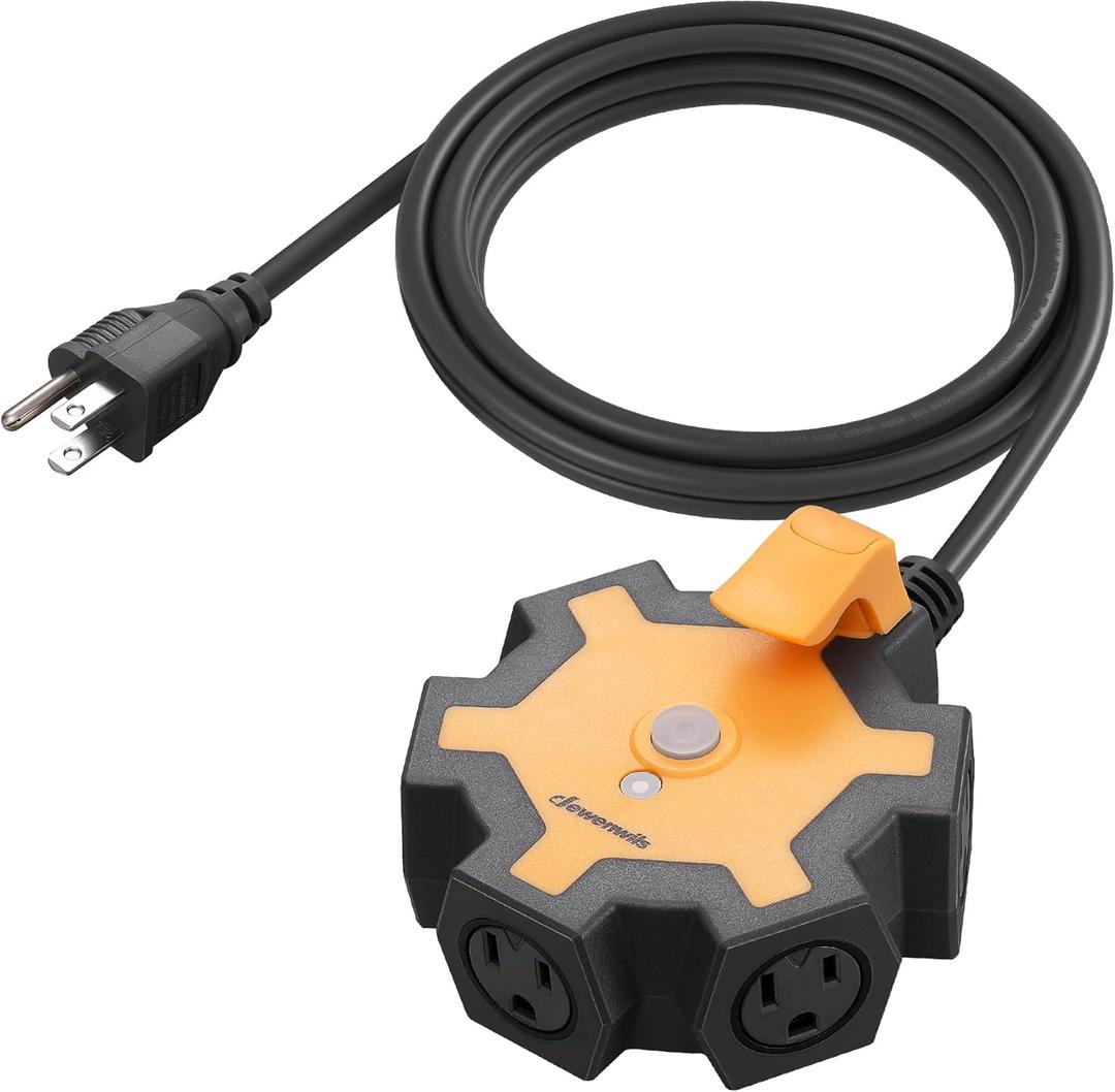 DEWENWILS 5-Outlet Garage Power Strip, 6Feet Heavy Duty Extension Cord, 14Gauge SJTW for Indoor Outdoor, 15AMP Overload Protection, Swivel Safety Covers, ETL Listed (Yellow+Black)