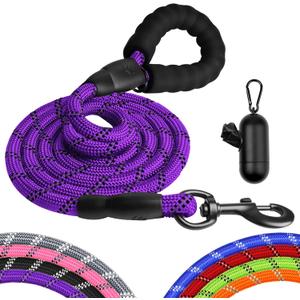 Heavy Duty Dog Leash for Large Medium Small Breed Dogs, Reflective Rope Dog leashes with Comfortable Handle,4/5/6 FT Pet Puppy Leash for Night Walking with Poop Bag Holder,Purple,1/2 inch