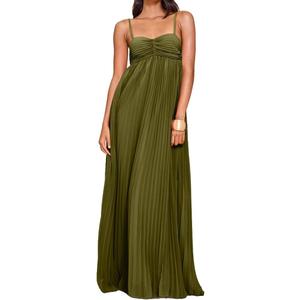 Women's Plisse Dress Adjustable Spaghetti Strap Maxi Solid Party Wedding Guest Dresses (Green, S)