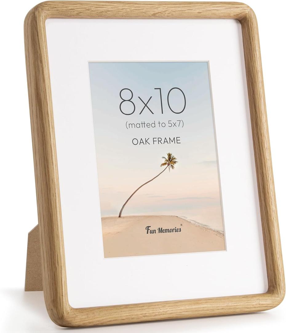 Fun Memories 8x10 Picture Frame, Solid OAK Wood Frame with Real Glass, Hard Wood 8 by 10 Photo Frame for Wall & Tabletop Display, 8x10 Picture Frame Matted to 5x7 , Natural OAK Color