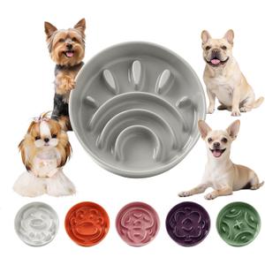 Ceramic Dog Slow Feeder Bowl - Small Dog Food Dish with Maze Puzzle Design - Slow Eating Puzzle Feeder for Pet Feed & Food Control - Whisker-Friendly Bowl for Cat Feeding - 6.3 Inch - 180 g - Grey
