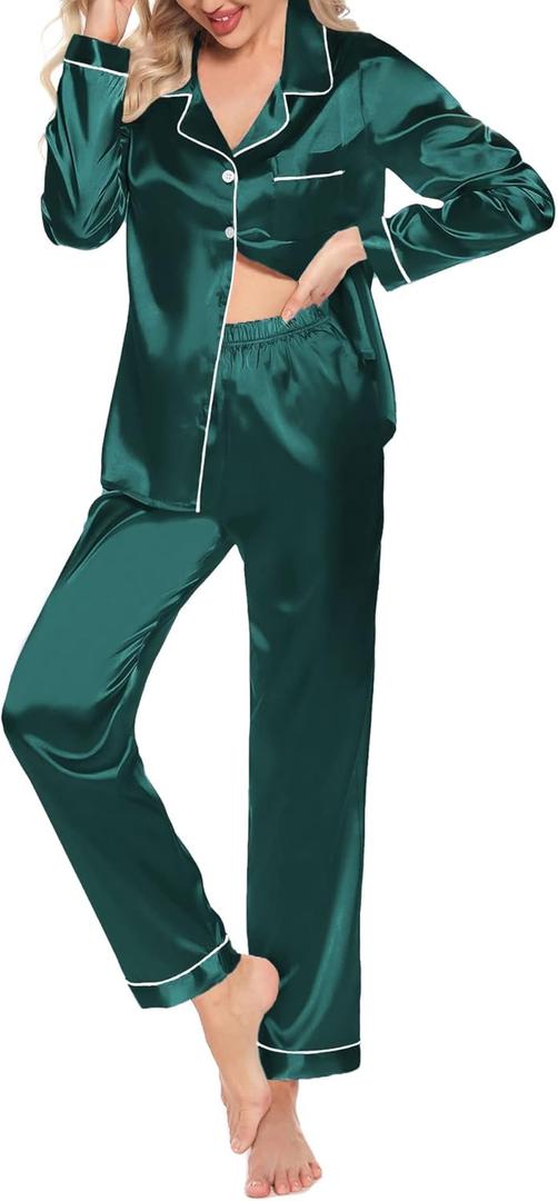 Samring Women's Silky Satin Pajamas Long Sleeve and Pants Sleepwear PJ Set Dark Green S