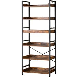 HCHQHS Adjustable 6 Tier Open Bookcase, Rustic Farmhouse Book Shelves, Industrial Wood and Black Metal Bookshelves, Mid Century Bookcase for Home Office Living Room Bedroom