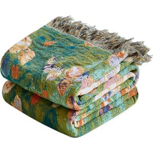 MSGKV Boho Throw Blanket for Couch Cotton Floral Blanket 50"x60" for Sofa Chair Throws Muslin Spring Breathable Lightweight Farmhouse Blankets Home Decor All Seasons