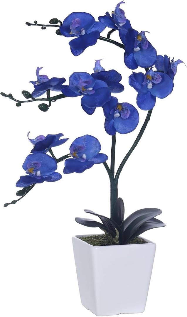 15" Tall Artificial Silk Phalaenopsis Orchid Flower Plant Pot Arrangements (Navy Blue)