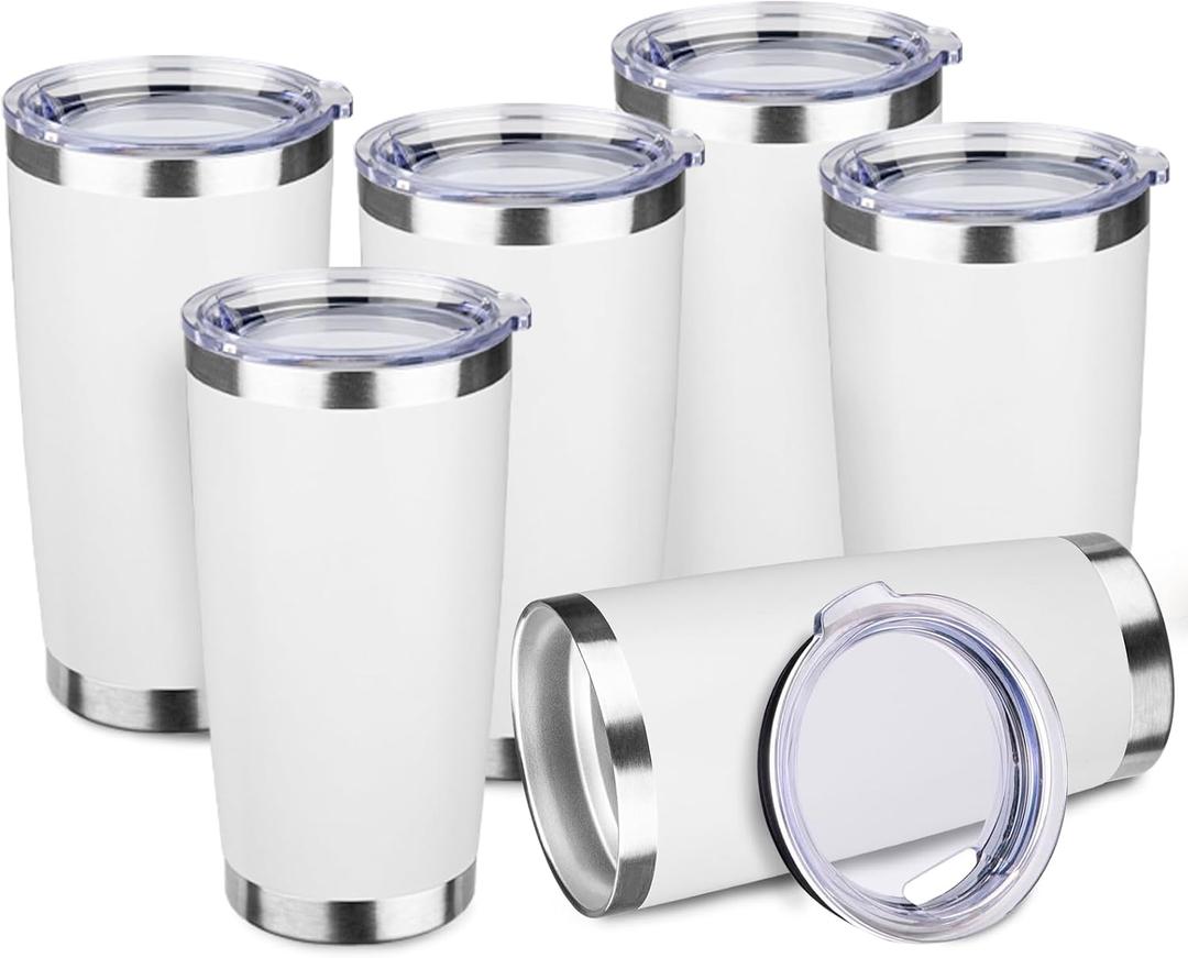 StarSpeed 20oz Tumbler Bulk with Lid, Stainless Steel Insulated Tumblers Double Wall Vacuum Insulated Travel Mug, Powder Coated Coffee Cups for Hot and Cold Drinks(White,6)