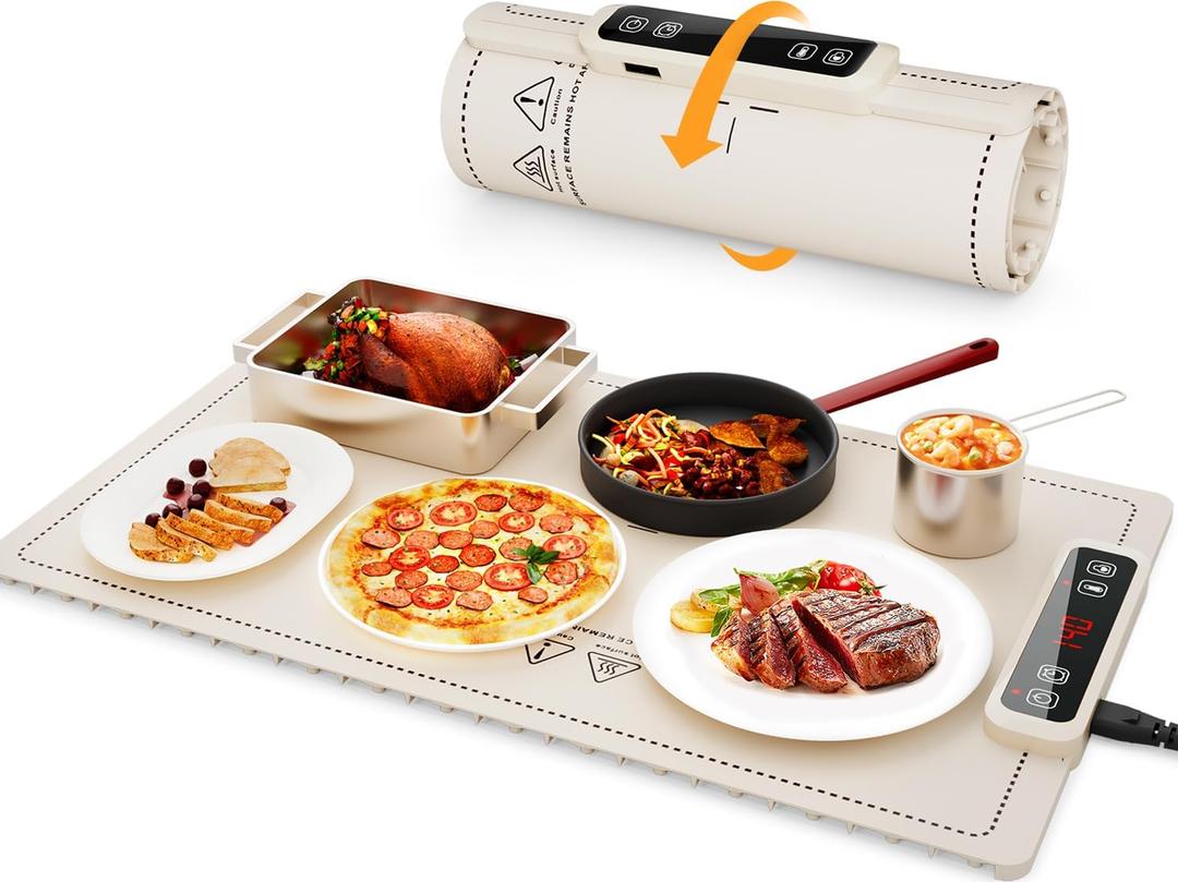Portable Food Warming Mat for Food: Electric Real-Time Temp Display Food Warmers for Parties, Buffets, Gatherings, 5 Temp Levels, Timer, Auto Shut-Off (Champagne Beige)