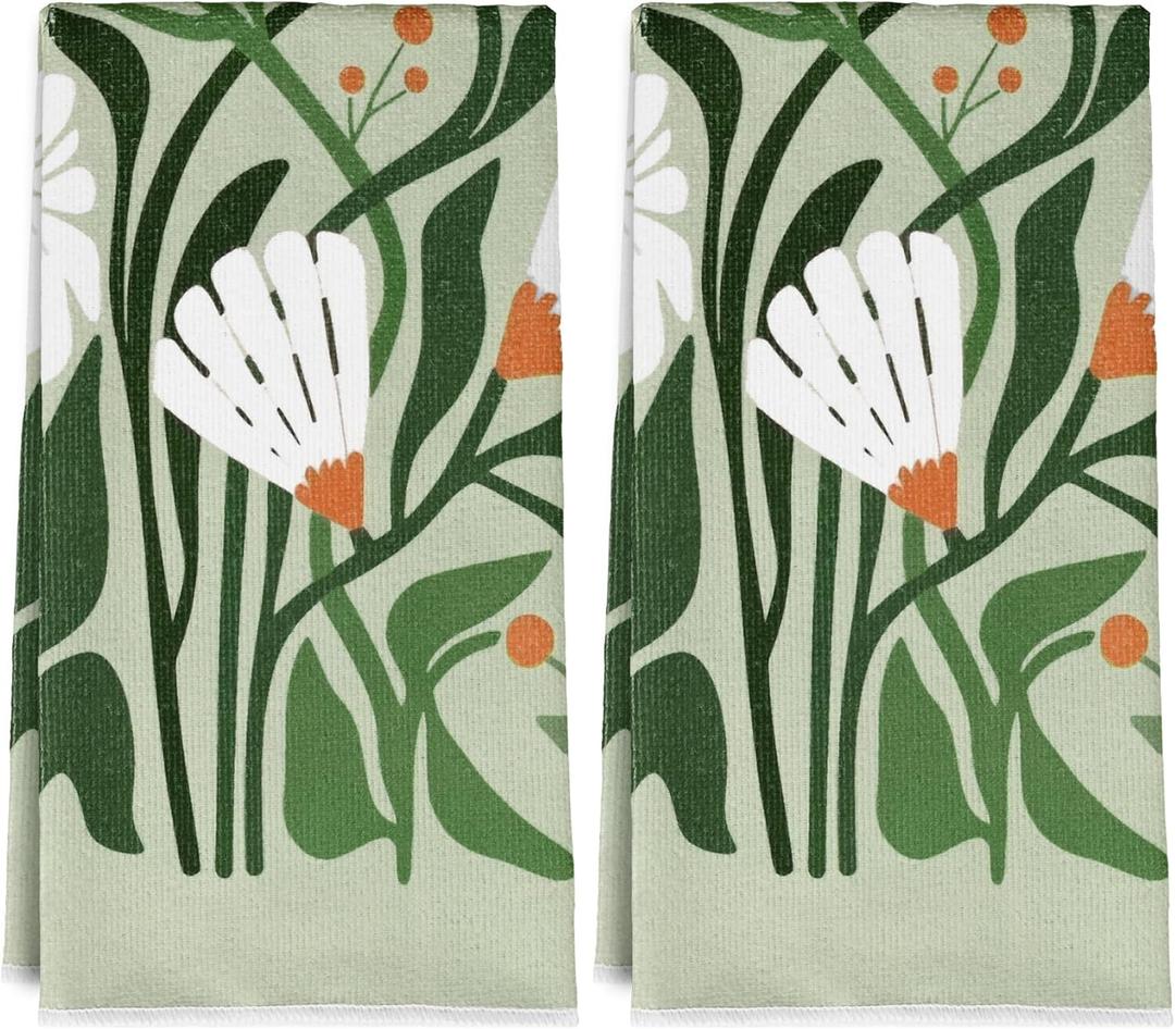 Boho Sage Green Kitchen Towels 16x24 Inch Set of 2 - Absorbent Retro 70s Floral Dish Towels, Mid Century Modern Cotton Hand Towels for Bathroom