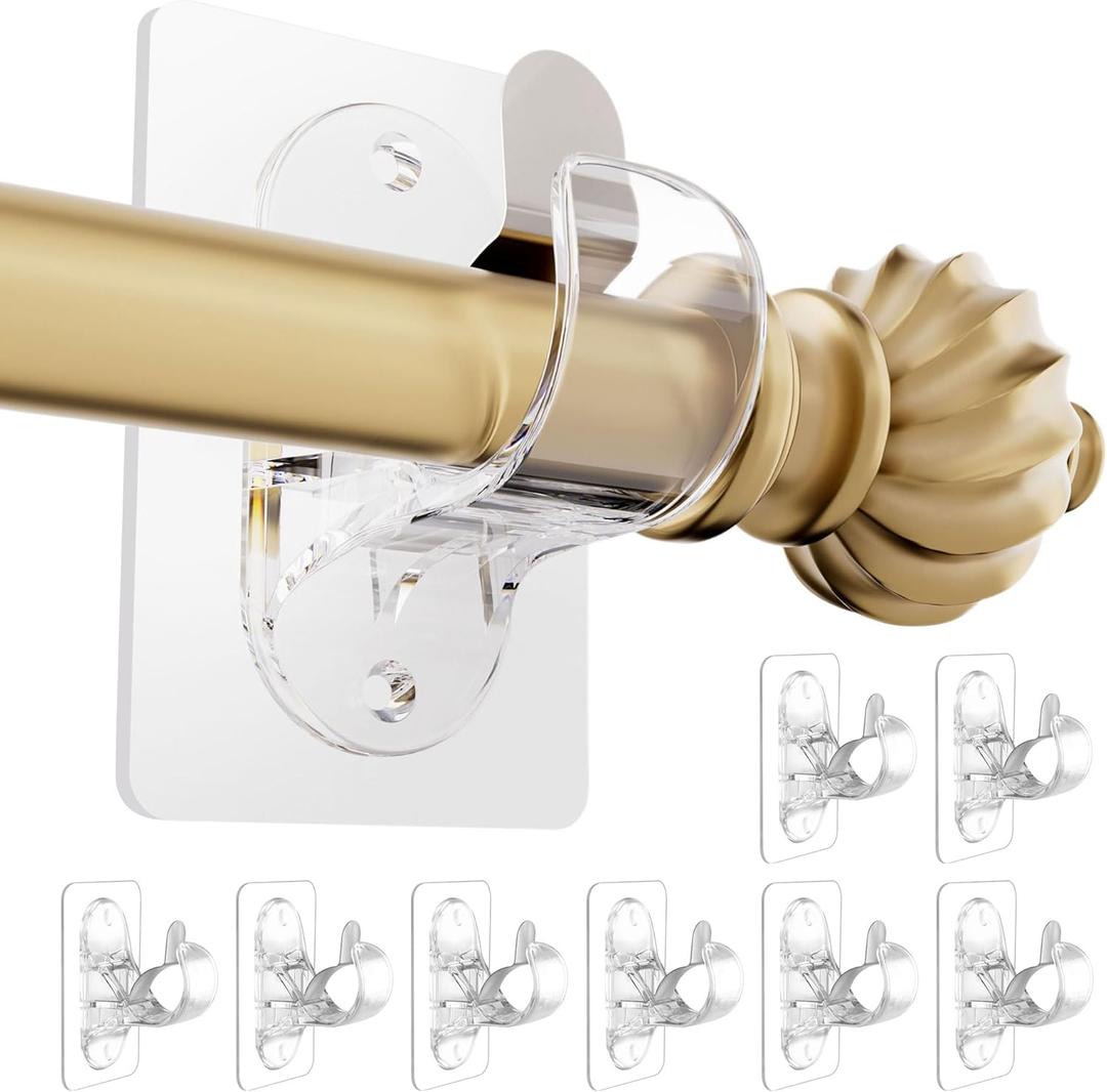 No Drill Curtain Rod Brackets, (8 Pack) Self Adhesive Curtain Rod Holders No Screw Nail-Free, Adjustable Heavy Duty Stick On Curtain Hangers Hooks for 0.5 to 1.3" Dia Rods