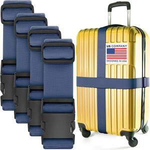 Luggage Straps for Suitcases - TSA Approved - Navy Blue, 4 PK - Premium Nylon Belts for Suitcase, Briefcase & Travel Bag - Adjustable Strap Length 46" - 78"