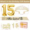 15th Birthday Decorations for Girls Gold with 15th Birthday Crown and Sash, Candles and Cake Topper, Number Balloons, Sweet 15 Year Old Gifts for Girls