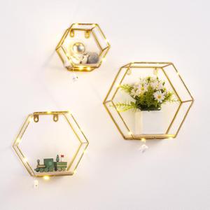 Ideal Swan Hexagon Floating Shelves Wall Decor with LED Lights, Gold Shelves Display Shelf for Wall Decor, Modern Metal Shelf for Bedroom Living Room Kitchen Bathroom