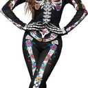 Joy Bang 3D Skeleton Costume Women, Halloween Sexy Skull Onesie Bodysuit with Gloves, Dia de los Muertos Jumpsuit (Black, XL)