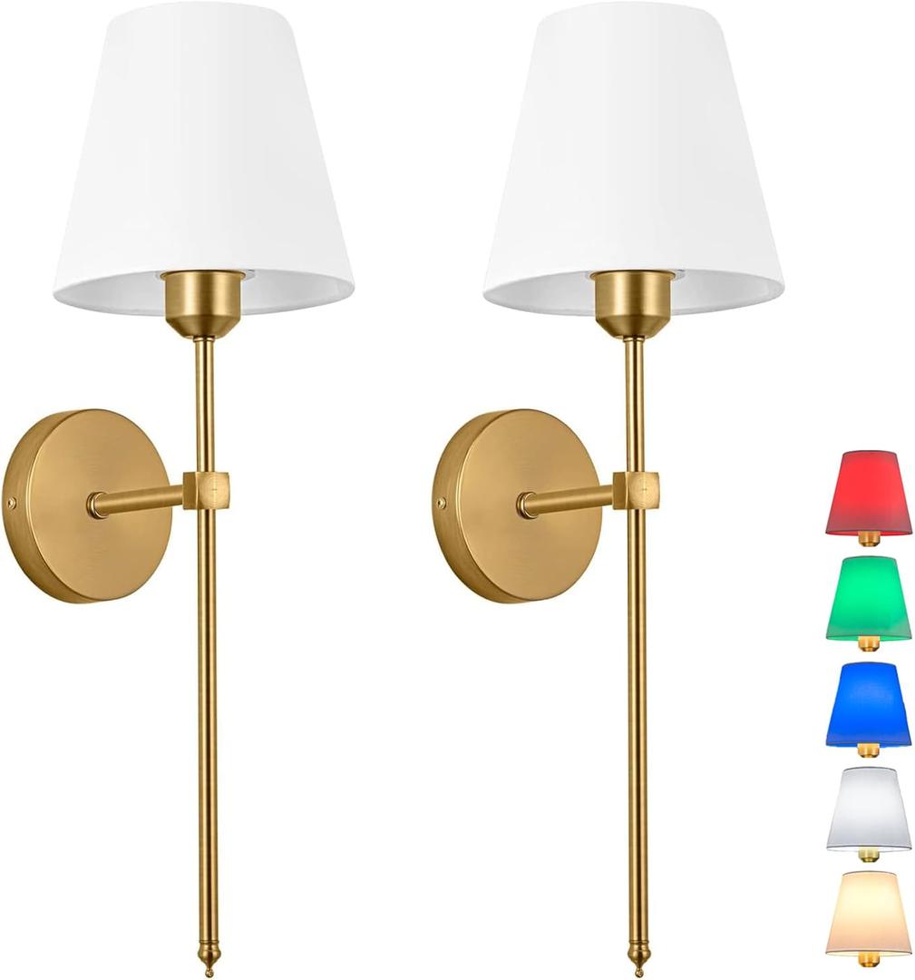 Wall Sconces Set of 2,Dimmable Wall Sconce with Remote Control,Indoor Not Hardwired Wall Lamp for Bedroom, Mid-Century Modern Wall Light (Gold, 21 inch)