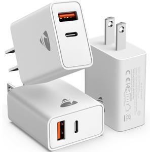 USBC Charger Block, 3-Pack Wall Charger USB C Block Dual Port 20W USB-C Power Adapter Plug PD+QC USB-A Cube Fast Charging Blocks for iPhone 17 Pro Max/16/15/14/13/12/11/XR/8/SE, iPad, Samsung Galaxy