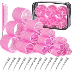 Hair Rollers Set, 4 Sizes with 12 Clips and Comb - Self Grip Curlers for Long/Short Hair, Thermal Safe Rollers for Salon-Worthy Styling Pink