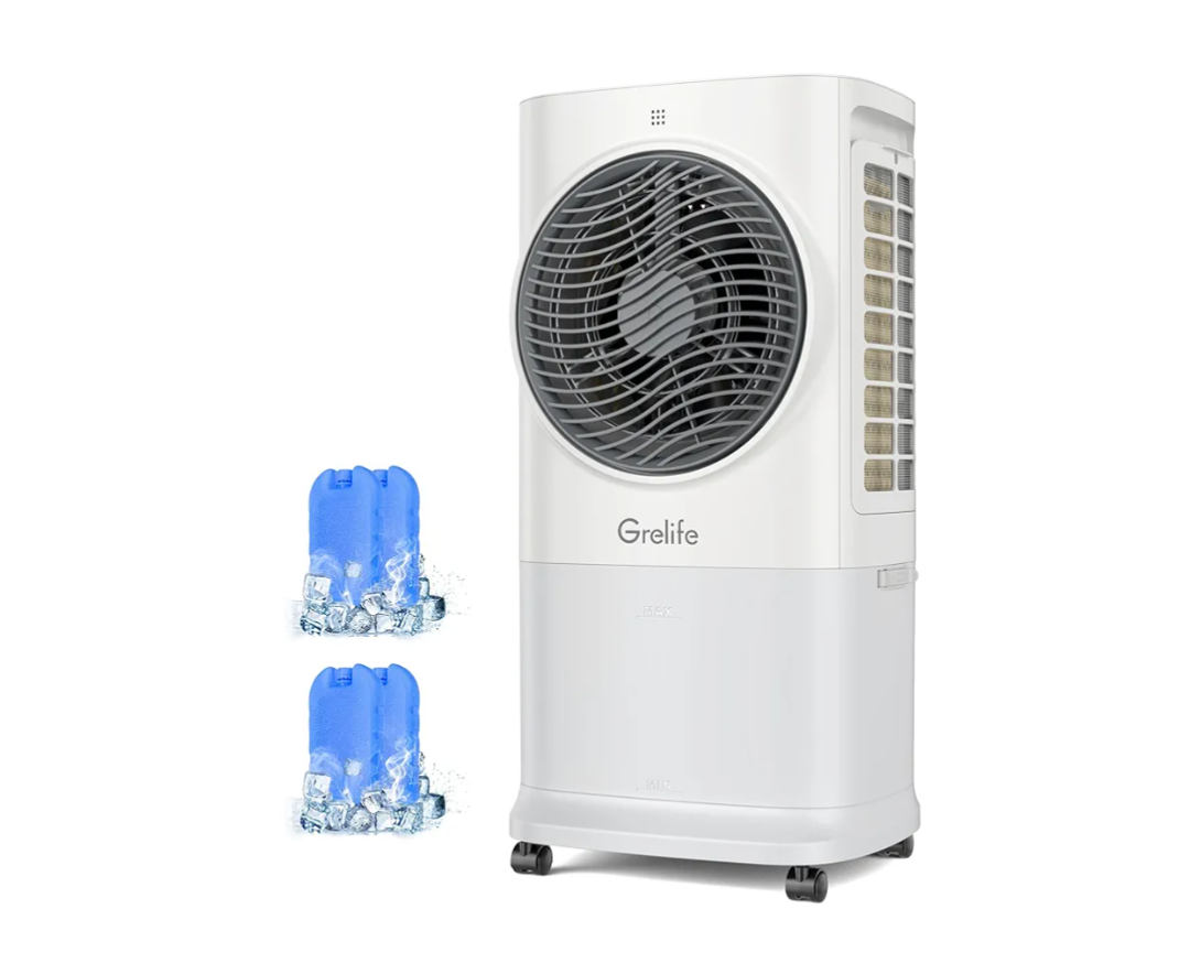 Grelife 3-in-1 Portable Air Conditioner, 400 Sq.Ft Evaporative Air Cooler with 1.72Gal Tank & 4 Ice Packs, 360° Oscillation, 30ft/s Wind Speed, 42dB Quiet, 8H Timer for Bedroom/Office/Home