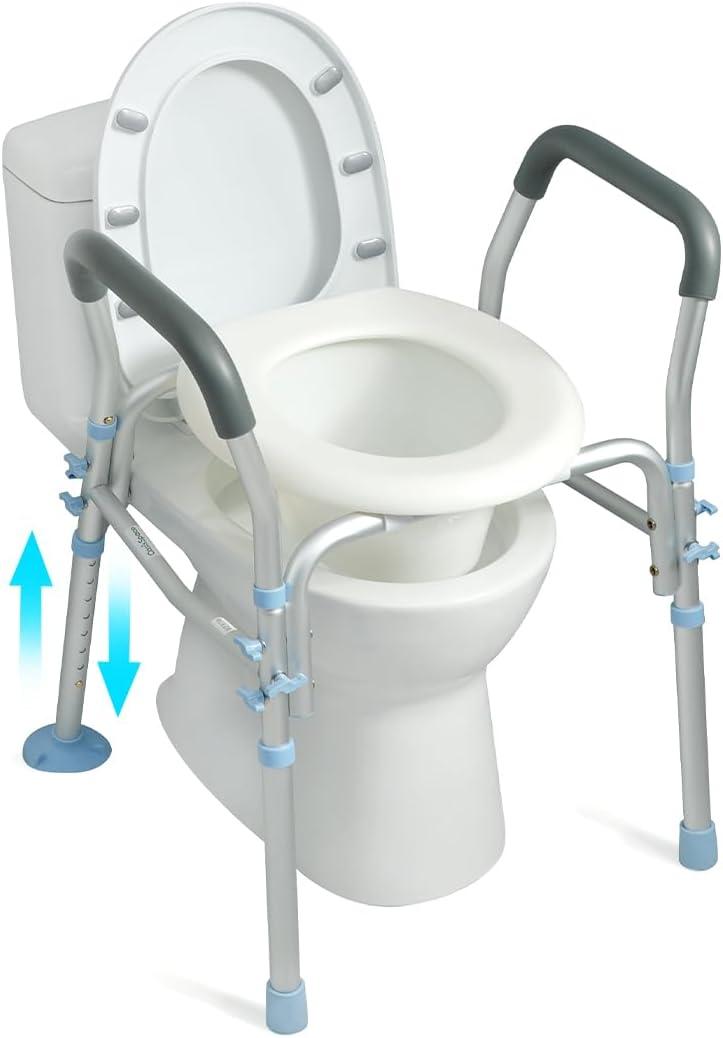 OasisSpace Stand Alone Raised Toilet Seat 400lbs - Medical Raised Commode Toilet with Splash Guard and Safety Frame, Height Adjustable Legs, Bathroom Assist Frame for Elderly, Handicap, Disabled