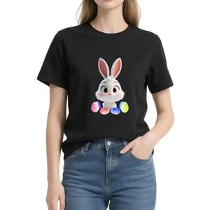 Women's Easter Shirts: Bunny Eggs Pattern Casual Round Neck Short Sleeve T-Shirt (L)