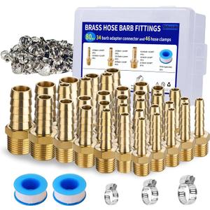 34Pcs Brass Hose Barb Fittings Kit - 3/16", 1/4", 5/16", 3/8", 1/2" Barb to 1/8", 1/4", 3/8" NPT Male Adapter with 46Pcs Clamps & 2 Teflon Tapes for Air Fuel Water Line