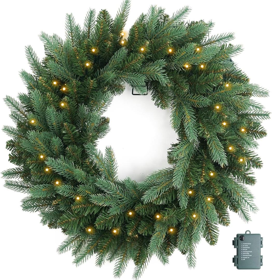 Christmas Wreath Pre Lighted 24 inch with 50 Led Fraser Fir Foliage Tips, Battery Operated Artificial Christmas Wreaths for Front Door with Lights, Green Christmas Decoration for Door Windows Wall